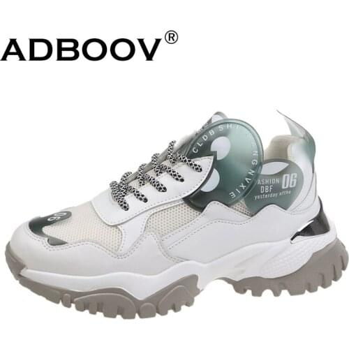 ADBOOV Leather Mesh Breathable Women Shoes Fashion Platform Chunky Sneakers Ladies Footwear Women