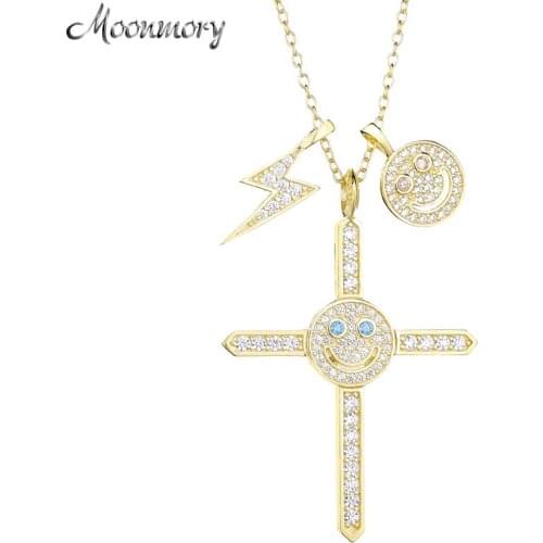 Moonmory 925 Sterling Silver CZ Crystal Lightning Smile Cross Pendant Blue Eye Smile Pendant Necklace For Men Jewelry DIY Making