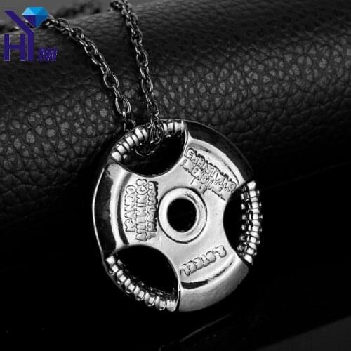HEYu Train Hard or Go Home Barbell Pendant Dumbbell Stainless Steel Necklace Sporty Style Fitness Crossfit Gym Male Jewelry