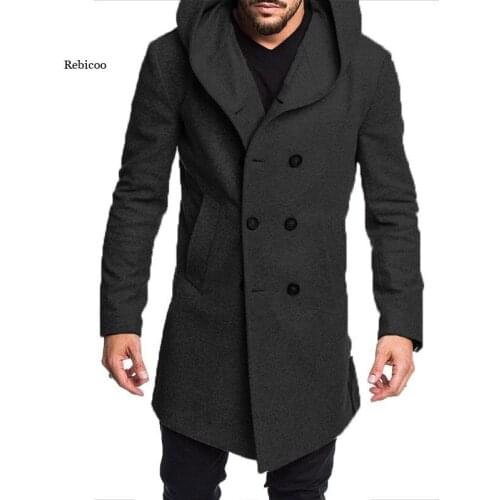 Spring Autumn Mens Woolen Blends Warm Casual Hooded Coat Mens Double-breasted Trench British Style Slim Solid Overcoats
