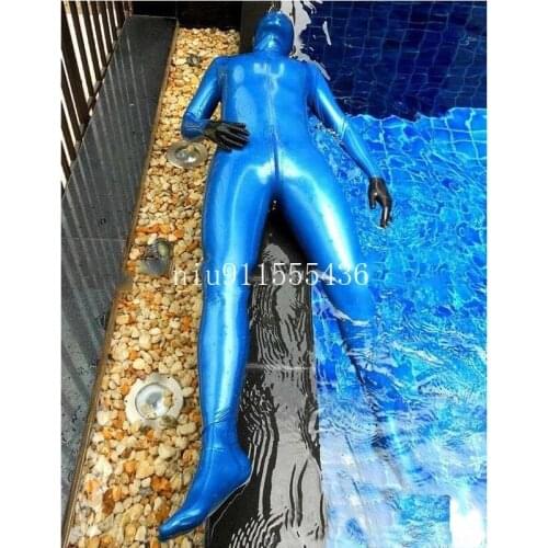 Navy Blue Male Latex Catsuit with Hoods Socks Back Zipper Rubber Man Handsome Bodysuit Catsuit Size XXS-XXL (no Gloves)