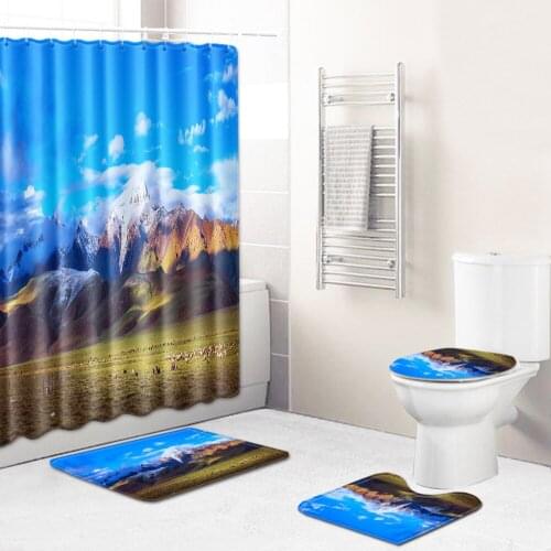 Scenic Pattern Bath Mat and Shower Curtain Set Bathroom Bath Mat Set Home Decor Bathroom Carpet Rug U-Shaped Toilet Rug Foot Mat