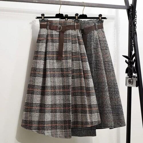 2021 new retro plaid skirt autumn and winter female a-line skirt mid-length irregular high-waist thickened long skirt with belt