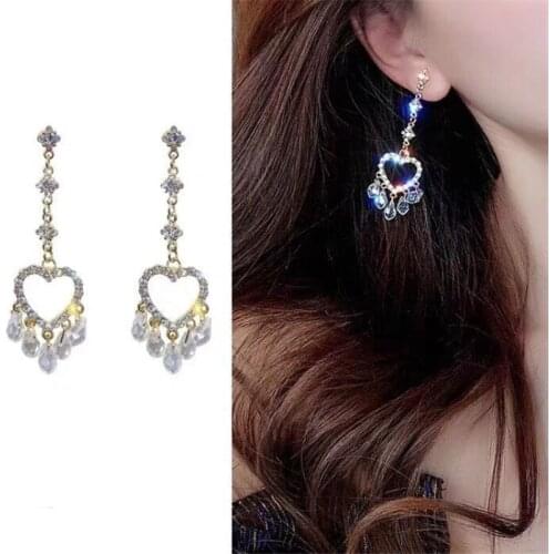 2021 New Korean Fashion Earrings for Women Elegant Heart Love Earrings Trend Baroque Shiny Rhinestones Drop Earrings Jewelry