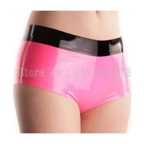 Sexy Womens 100% Latex Pants Women Hot Pants Pink w Black Trim Rubber Female Girl Tights Shorts Customized