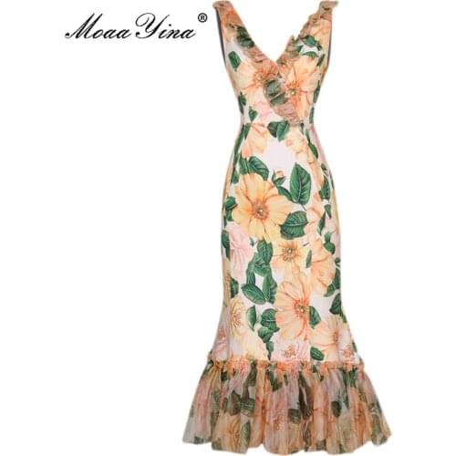 MoaaYina Fashion Designer Summer Mermaid Dress Womens Ruffles V-neck Camellia Floral Print Bohemia Holiday Midi Dresses