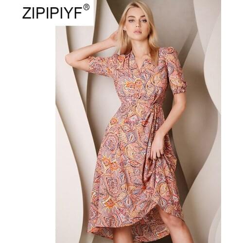Print Dress for Women Summer 2021 V-Neck Short Sleeve Fashion Office Lady Causal Long Dresses B204