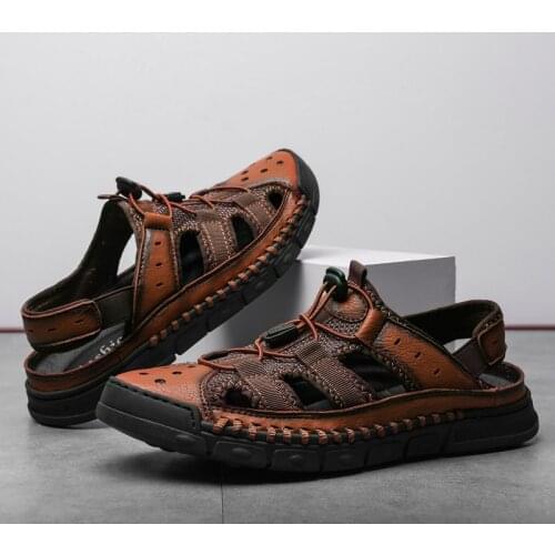 Men Leather Sandal Cowhide Flat Beach Fashion Light Rome Breathable Comfortable Climbing Hiking Water Outdoor Wading Shoes