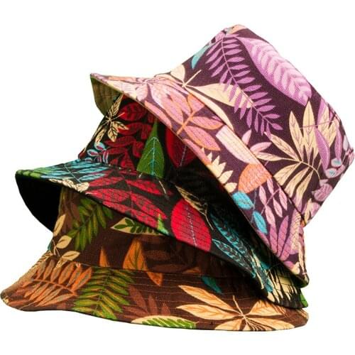Print the leaves National wind leaf print hat summer canvas double face flower fisherman hat sunscreen basin hat tide Bucket hat