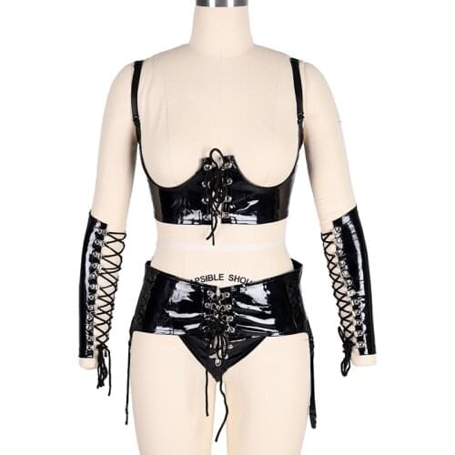 Women Alluring Sexy Latex Leather Pole Dance Skirt Body Harness 2 Pcs Set Lingerie BDSM Adult Slave Games Stockings Garter Belt