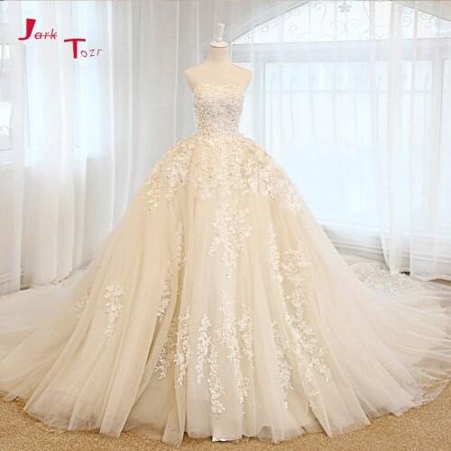 Jark Tozr Custom Made Strapless Lace Up Beading Appliques Flowers Vintage Ball Gown Wedding Dress Robe De Mariee With Veil
