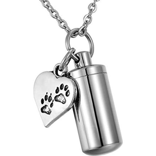 Urn Necklace for Ashes Cylinder Double paw print Necklace Memorial Keepsake Stainless Steel pet Cremation Pendant