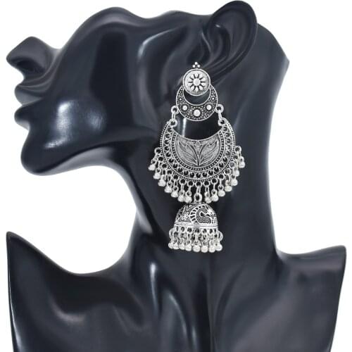 Ethnic Vintage Silver Carved Indian Earrings For Ladies Lantern Bell Pendant Moon Shape Boho Earrings Gypsy Ethnic Tribal Jewelr