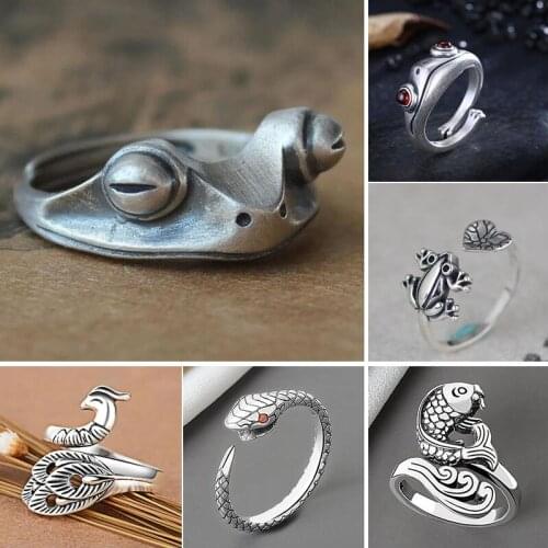 Vintage Frog Carp Fish Peacock Phoenix Snake Open Ring Silver Color Animal Resizable Jewelry Men Lady Gift Wholesale Accessories