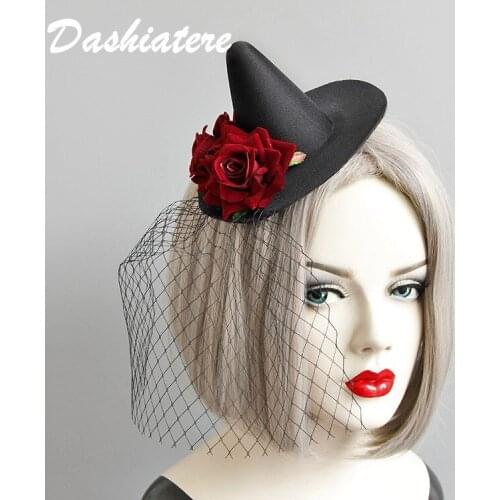 Vintage Black Veil Hat Hair Clips Burgundy Rose Flower Ornament Halloween Evening Ball Witch Costume Cosplay Hair Accessories