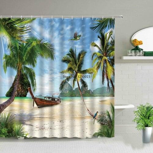 Sea Palm Tree Landscape Shower Curtains Beach Boat Ocean Scenery Print Waterproof Fabric Bathroom Decor Screen Bath Curtain Set