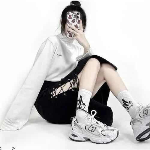 Lady Harajuku Gothic High Split Lace-up Eyelet Skirts Punk Black Denim Long Girl Skirt Hollow Out Street Korean Fashion Cloth