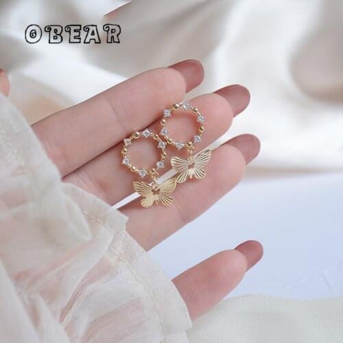 OBEAR 14k Real Gold Plated French Hollow Crystal Small Round Beads Tassel Butterfly Stud Earrings Women Casual Party Jewelry