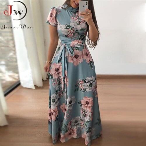 Women Summer Maxi Dress 2021 Casual Short Sleeve Boho Floral Print Long Dress Turtleneck Bandage Elegant Party Dresses Vestidos