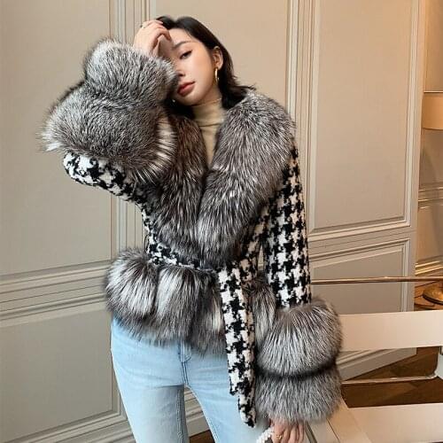 Womens Winter Coats 2021 Elegant Slim Cropped Real Silver Fox Fur Jacket With Belt Female Wool Blend Coats