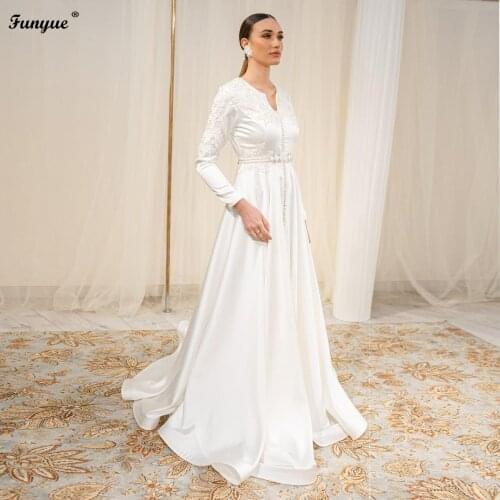 Elegant France Muslim Wedding Dress Long Sleeves Bridal Wedding Gowns with Veils A-Line Satin Lace Crystal Vestidos De Novia