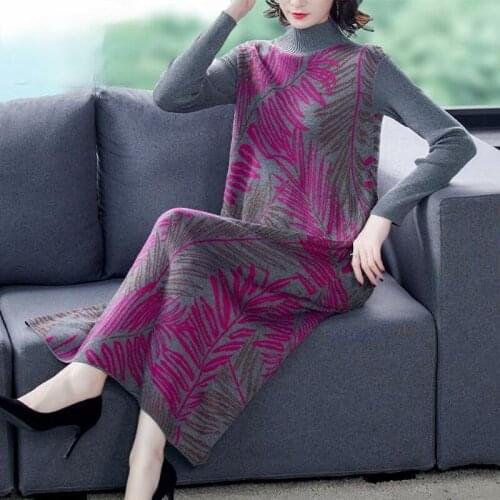 Jacquard Knitted Sweater Dress Women 2021 Autumn Winter New Fashion Turtleneck Long Sleeve Pullover Clothing High Quality X357