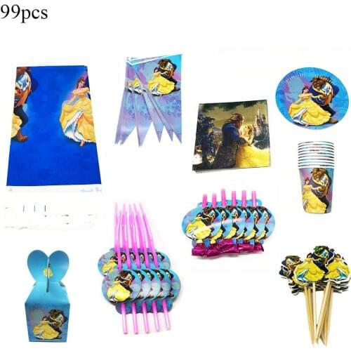 99Pcs/Pack Beauty and Beast Disposable Tableware Beauty Beast Theme Birthday Party Decorations Cups Napkins Plates Candy Boxes