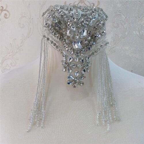 Fashion Silver Rhinestone Applique Bodice Tassel For Head Accessories Bridal Dress Accessory