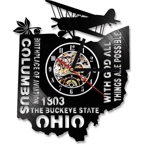 USA The Buckeye State Ohio Vinyl Record Wall Clock Birth Place Of Aviation Airplane Wall Art Skyline LED Watch Columbus City