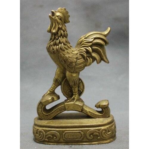 Chinese Pure Brass Zodiac JiXiang Wealth Coin Cock Rooster On RuYi Animal Statue