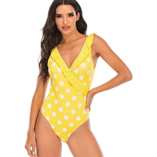 Swimsuit Teenage Size Polka Dot Print Sexy Yellow Ruffled 2020 Bathing One-piece Suit Beachwear Sunbathing Women Swimwear Bikini