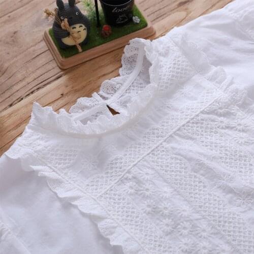 Lamtrip Kawaii Ruffled Collar Pleated Lacing Short Sleeve Shirt White Cotton Top 2021 Summer