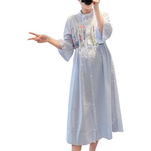 Summer Dress Vestidos Maternity Dresses Women Clothes Striped Embroidery Long Dress for Pregnant Women Pregnant Maternity Dresse