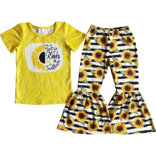 2021 Summer Kids Clothes Lemon Yellow Color Suit T-shirt+Black Stripe Sunflower Set Fashion Girls Suit Childrens Clothing