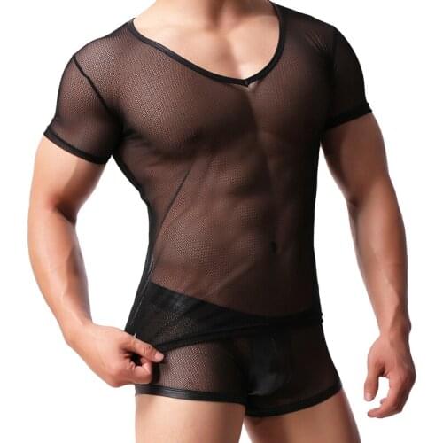 Man Undershirt/Men Sexy Mesh Sheer T Shirts/Male Mesh Transparent V-neck Short Sleeves Inner Tops