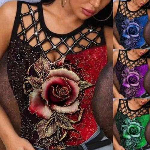 Womens New Vest Summer Rose Print Sexy Hollow Sleeveless Top Fashion Plus Size Casual Sleeveless T-shirt