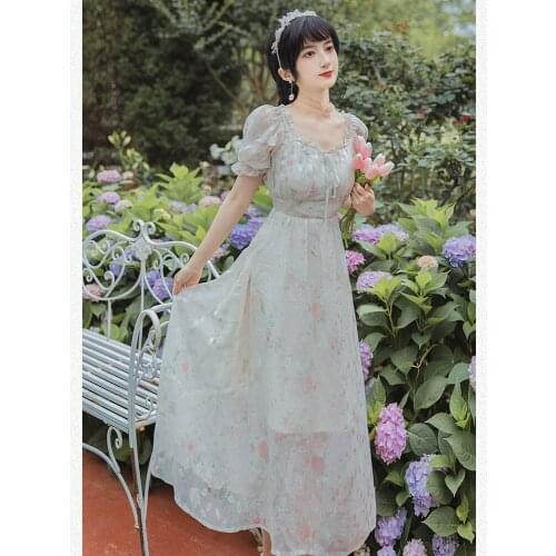 Dresses for women 2021 French Puff Sleeve Square Neck Floral Chiffon Dress Summer Retro First Love Dress Fairy Robe Femme