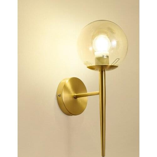 Tiooka Nordic Luxurious Cooper Sconces Golden Metal E27 Wall Lamp with Glass Lampshade for Living room TV Background Aisle Hotel