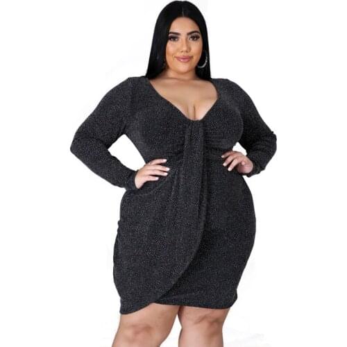 Fashion Sexy V Neck Club Party Long Sleeve Plus Size Women Dress 4XL 5XL 6XL Black Bodycon Dress Casual Work Wear Female 2021