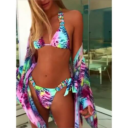 Sexy Leopard Print Halter Crystal Diamond Bikini Women Swimsuit Female Swimwear Two-piece Bikini set Brazilian Bathing Suit Swim