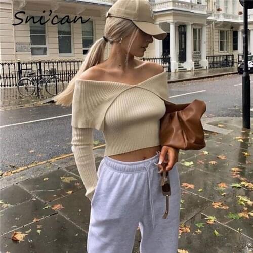 Snican sexy v neck up off shoulder slim knitted sweater crop tops za 2020 women pull femme vintage ladies pullover jumper mujer
