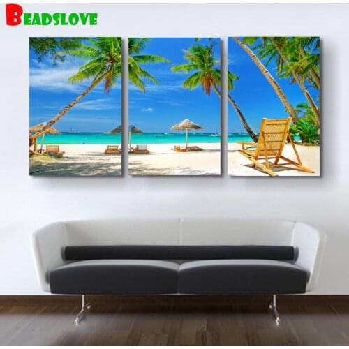 Triptych 5d Diamond Painting beach Full 3 Piece tropical seascape Diamond Embroidery Mosaic Rhinestone Pictures Art Home