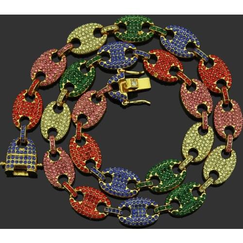 Punk HIP HOP 13MM Iced Out CZ Multi-Colors Coffee Bean Nose Alloy Rhinestone Charm Link Chain Bling Necklace for Men Jewelry