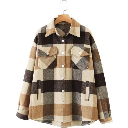 Autumn Winter Women Shirt Jacket Long Sleeve Turn Down Collar Pocket Classic Plaid Button-up Shirts Coat Jackets