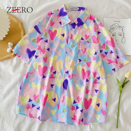 2021 Summer Clothing Women Short Sleeve Lapel Single-breasted Pocket Love Blouses Female Korean Loose Cute Sweet Casual Shirt