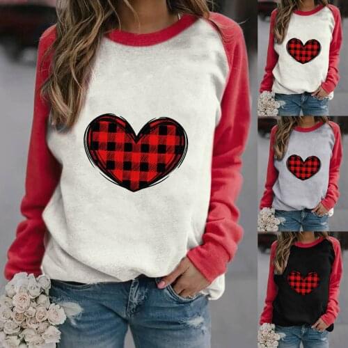 Womens Long Sleeve Heart Printed O-neck Sweatshirt Tops Blouse Valentine Day T-Shirt Color Splicing All-match Lovely Girls Shirt