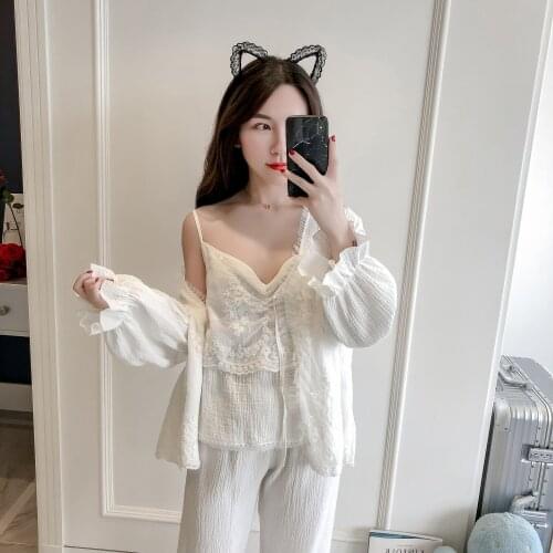 2021 pajamas for women Spring Autumn Thin loungewear Lace Four-piece sleepwear Cotton Gauze Temperament Palace Homewear pjs