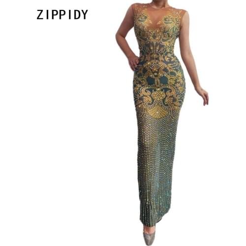 Flashing Rhinestones Gold Pattern Transparent Dress Bar Birthday Celebrate Dress Evening Women Dancer Long Dress