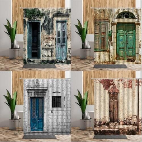 Rustic Wooden Door Frame Shower Curtain Bath Rock House Hanging Curtain French Country Europe Backdrop Fabric Bathroom Decor Set