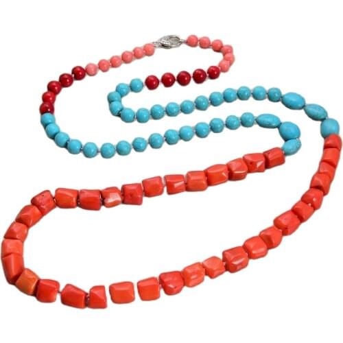 JK 43" Orange Red Pink Coral Blue Turquoises Howlite Long Necklace Sweater Chain For Women